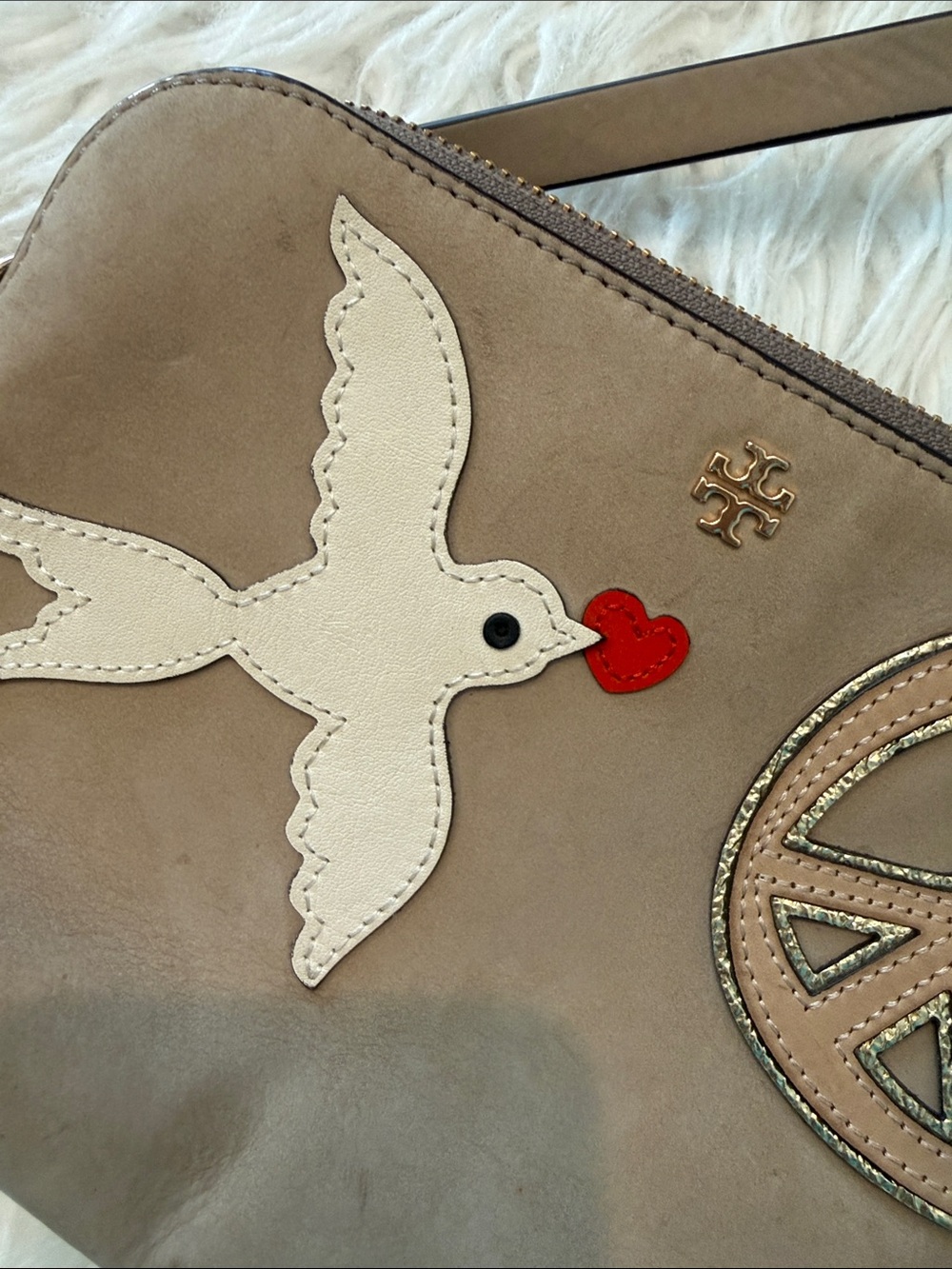 Tory Burch Taupe Leather Crossbody with Dove, Peace & Red Heart Accents - Picture 8 of 8